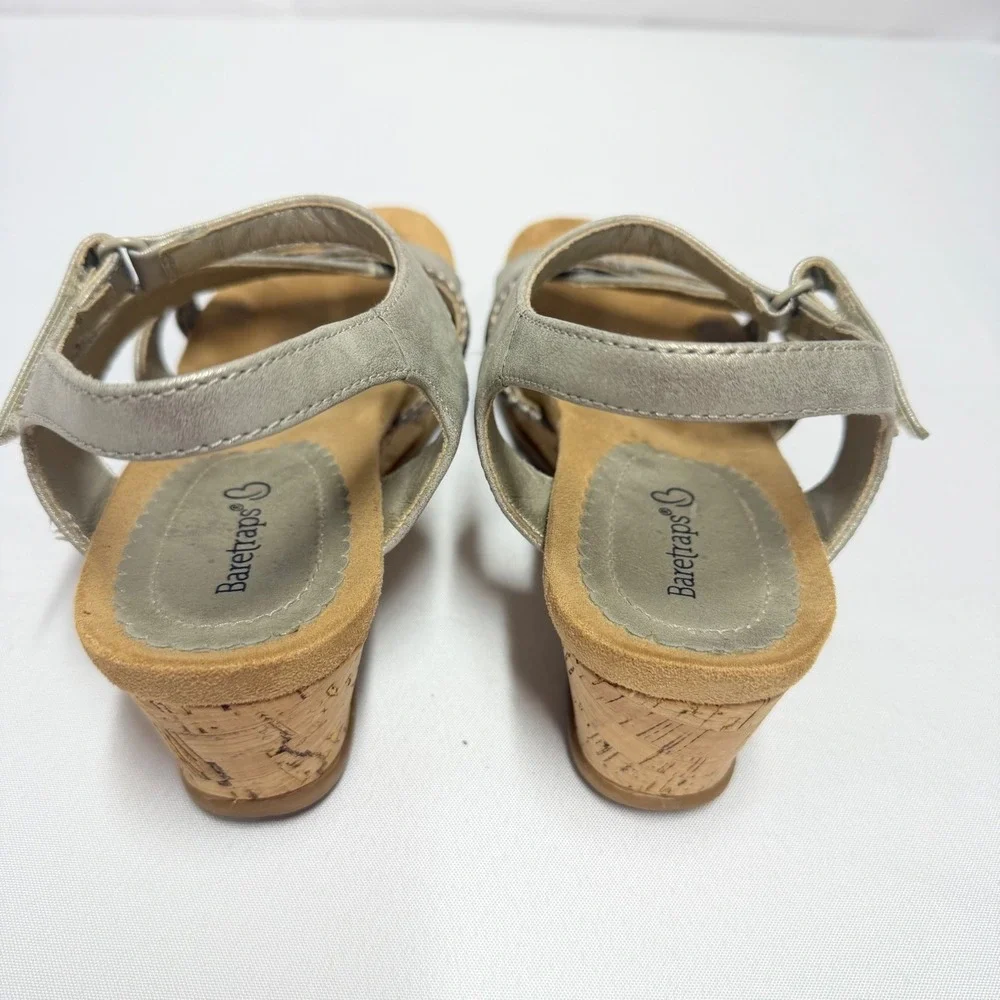 Baretraps Farah Womens 7.5M Champagne Metallic Cork Wedge Braided Sandals BTS23